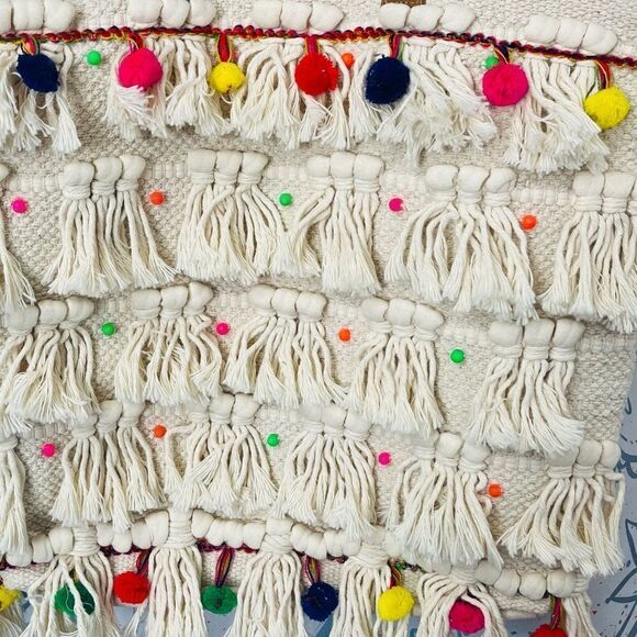 Sonoma Women’s Large Canvas Tote Purse Cream Multi-Color Pom Pom - Picture 3 of 9